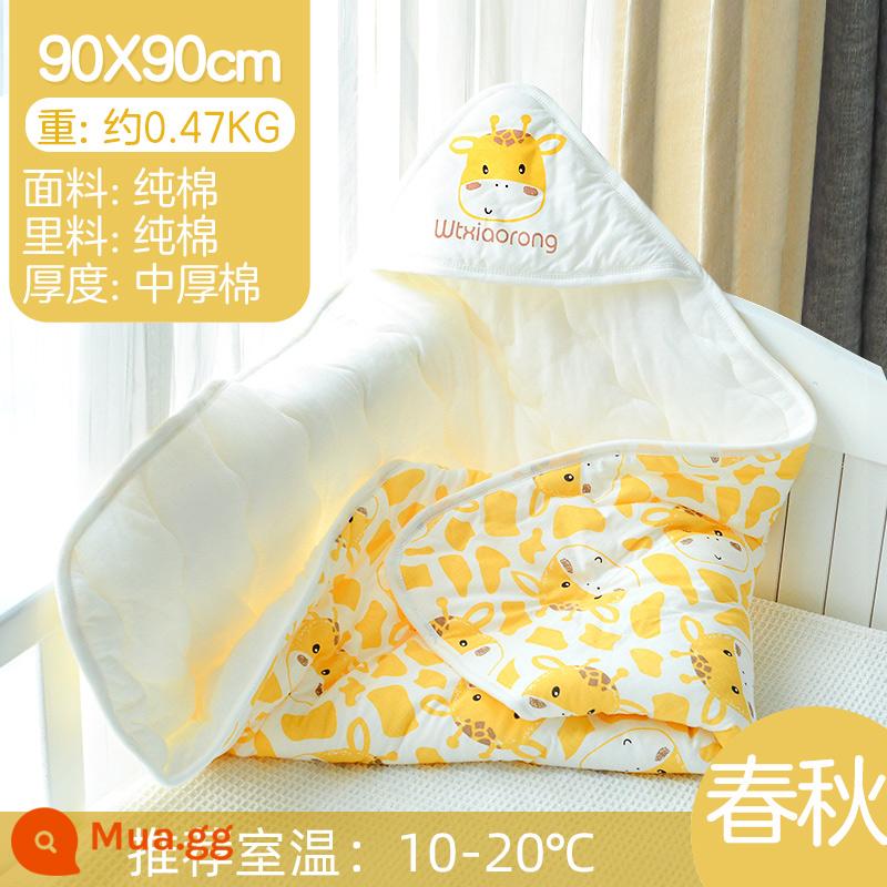 Chăn sơ sinh cho bé, chăn xuân thu đông cho bé, túi đựng sản phẩm cho bé bằng vải cotton dày có thể tháo rời, đơn mùa hè - Hươu cao cổ-Xuân Thu Bông dày vừa-Vàng 90x90 Khuyến nghị 10-20°