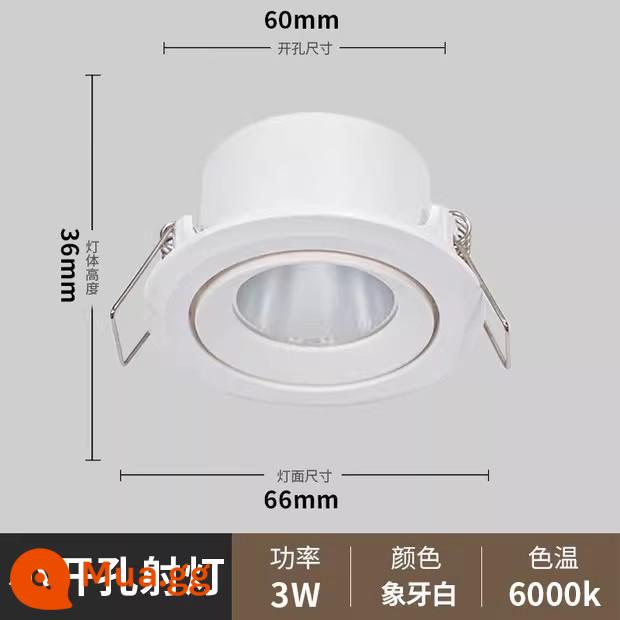 Đèn rọi đồi nhỏ nhúng tường chống chói đèn rọi nhà khung cực hẹp Đèn LED downlight âm trần phòng khách - [Đèn chiếu nhỏ khoan] 3W-Trắng Ngà-Trắng Khoan 6cm