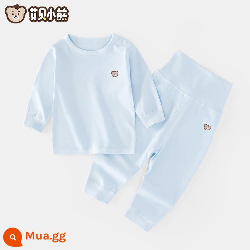 Quần áo mùa thu cho bé sơ sinh đứng tất cả cotton nguyên chất loại A mỏng mùa xuân và mùa thu quần vệ sinh trẻ em không xương một mảnh quần lót - Áo trễ vai + quần cạp cao (bộ vest xanh)