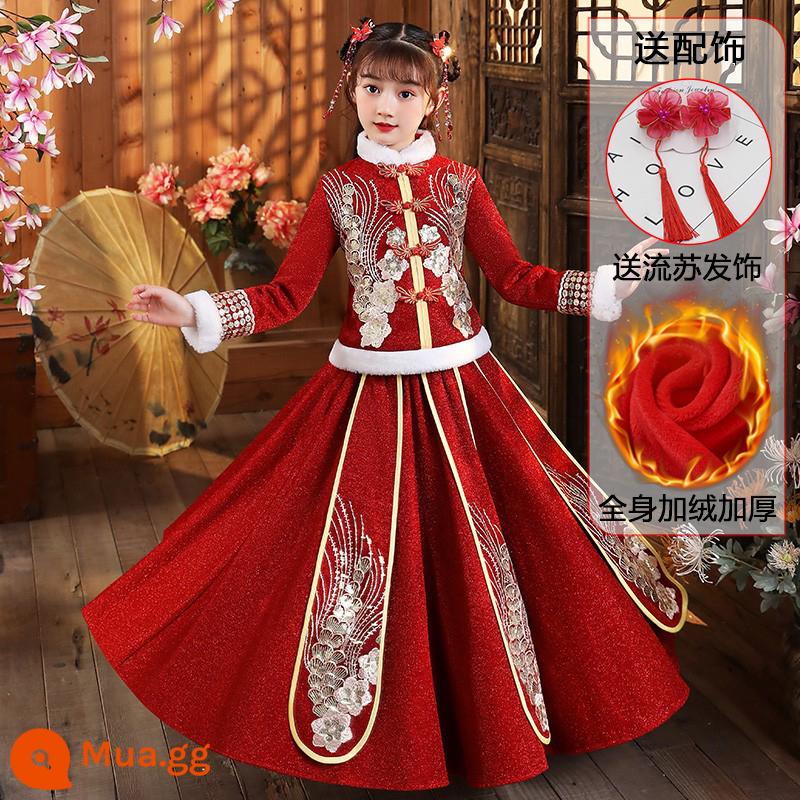 Hanfu bé gái Quần áo năm mới Trang phục cổ phong cách Trung Quốc mùa đông Bộ đồ trẻ em năm mới Bộ đồ nhà Đường Chúc mừng năm mới Quần áo mùa đông dày dặn của bé gái - 8968 màu đỏ cộng với nhung và dày [phụ kiện tóc tua rua miễn phí]