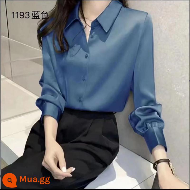 Sơ mi lụa satin cao cấp dài tay cardigan nữ mùa xuân và mùa thu mới cổ áo POLO khí chất sơ mi rời đơn giản - màu xanh da trời