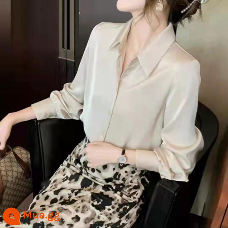 Sơ mi lụa satin cao cấp dài tay cardigan nữ mùa xuân và mùa thu mới cổ áo POLO khí chất sơ mi rời đơn giản - Rượu sâm banh