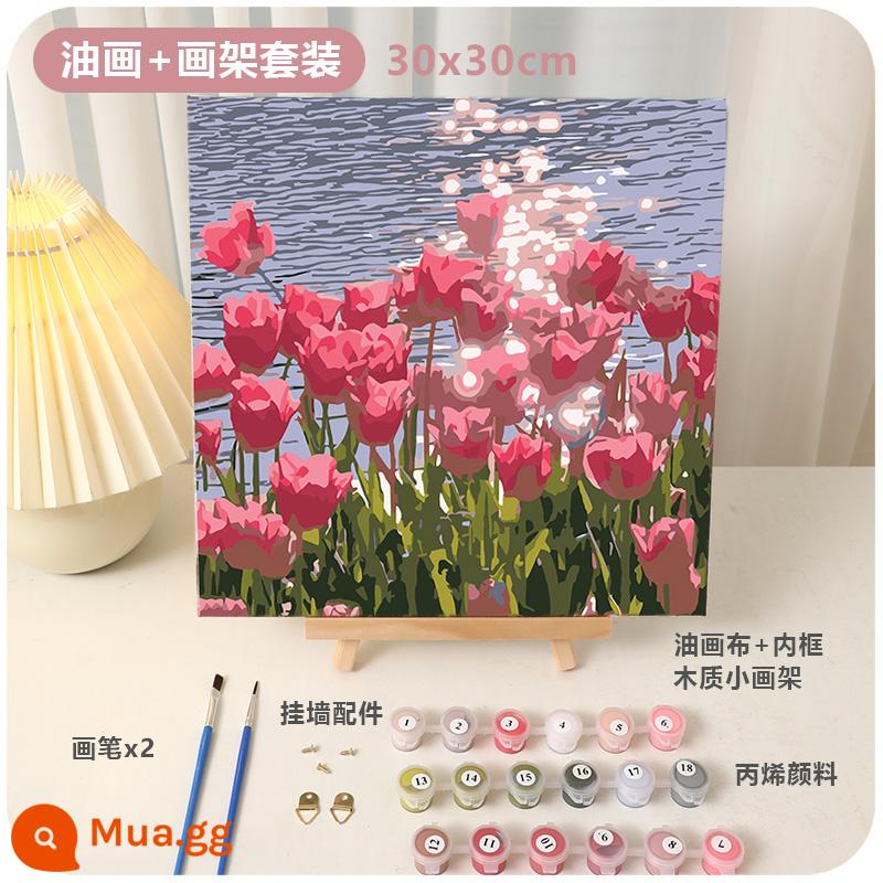 Làm thủ công tự làm sơn dầu kỹ thuật số tulip sơn acrylic điền màu sơn dầu kết cấu sơn món quà sinh nhật năm mới - Biển hoa lấp lánh (30X30cm) + giá vẽ