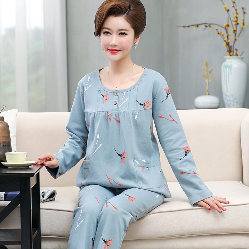 Bộ đồ ngủ cho phụ nữ trung niên và cao tuổi mùa xuân và mùa thu cotton nguyên chất dài tay mẹ trung niên cỡ lớn phục vụ tại nhà bộ đồ cotton thu đông