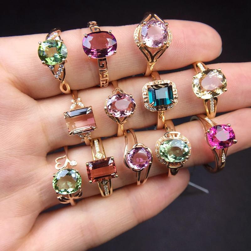 Nhẫn đá tourmaline cầu vồng đỏ, xanh dương và xanh lục tự nhiên Brazil nữ vàng 18K dát vàng hồng thời trang cá nhân hóa ngón trỏ đá quý