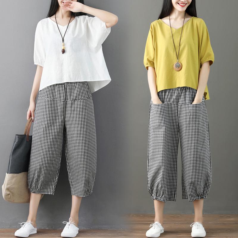 Bộ đồ cotton và vải lanh thời trang dành cho nữ mùa hè văn học nghệ thuật mới cỡ lớn mỏng và nhỏ Bộ đồ hai mảnh bằng vải lanh thông thường kiểu phương Tây mỏng