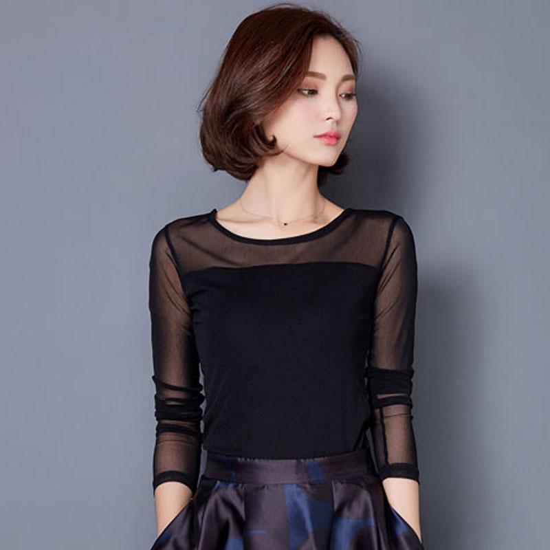 Xuân Thu Mới Slim Fit Size Lớn Cổ Tròn Phối Ren Lưới Đáy Áo Sơ Mi Dài Tay Áo Thun Nữ Áo Ngoài Đa Năng