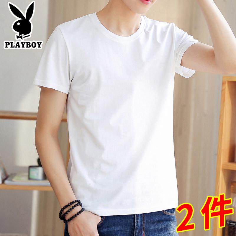 2 miếng] Áo thun ngắn tay nam màu trắng Playboy mùa hè Áo thun cotton nguyên chất màu trơn nửa tay áo sơ mi đáy hợp thời trang丅