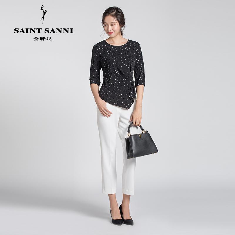 Mùa hè mới của Saint-Henney dệt kim chấm trắng không cổ slim fit thin tay ba phần tư áo sơ mi nữ E361