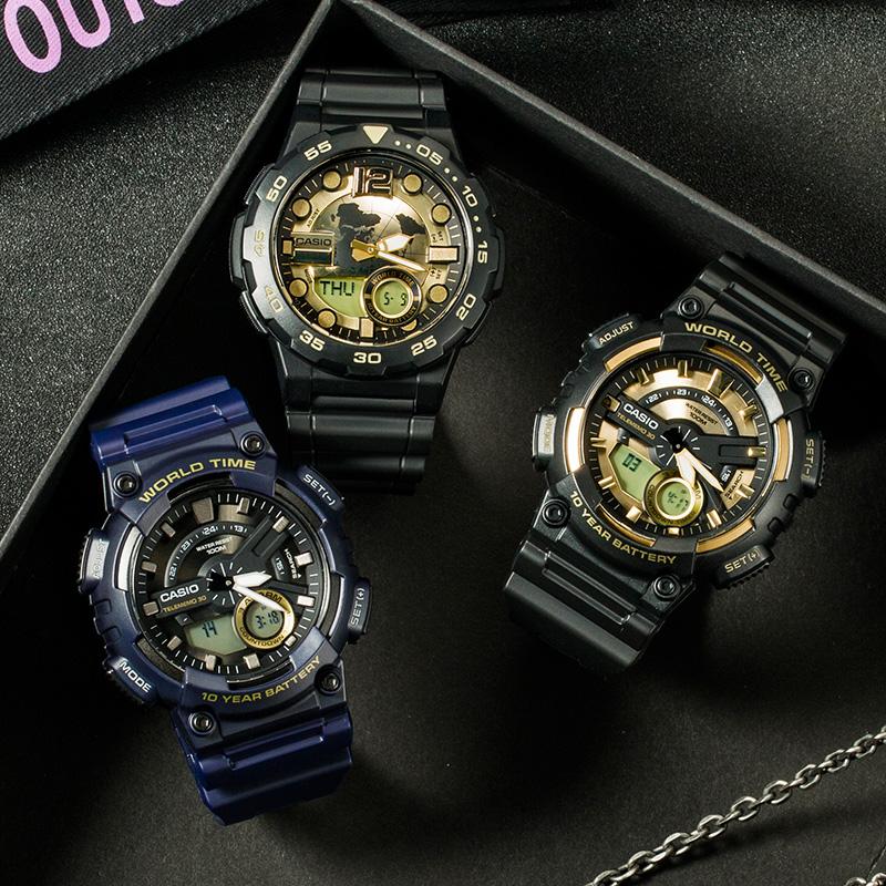 Đồng hồ CASIO nam thể thao chống thấm nước vàng đen đồng hồ thạch anh điện tử đồng hồ nam đồng hồ sinh viên đồng hồ nam AEQ-110BW-9A