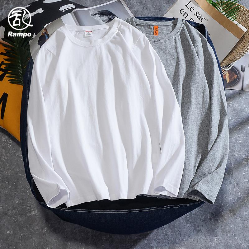 Đáy áo sơ mi nam dài tay áo thun trắng 220g cotton nguyên chất cổ tròn xu hướng hip-hop trẻ trung dáng rộng Áo thun cỡ lớn màu trơn