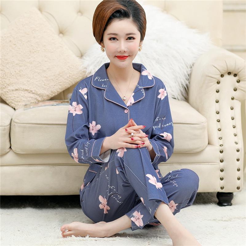 Bộ đồ ngủ cho nữ, cotton nguyên chất, mẹ trung niên, bộ đồ mẹ chồng cotton xuân thu dài tay, quần áo mặc ở nhà mỏng cho trung niên và người già, mùa hè