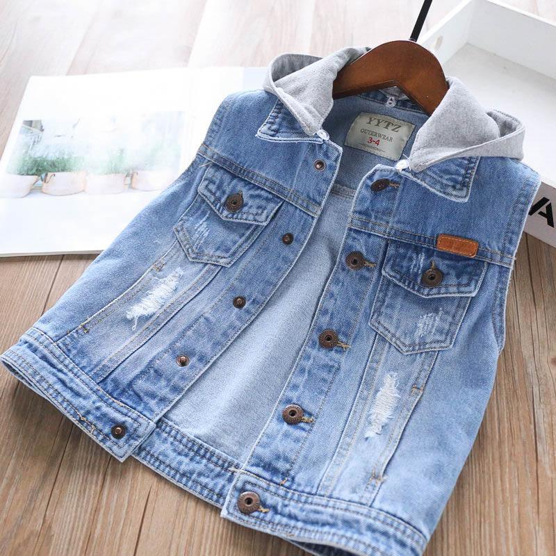 Trẻ em bé trai vest bé denim lớn vest trẻ em mùa xuân và mùa thu áo khoác ngoài trẻ em mùa xuân có mũ trùm đầu mùa xuân bé trai