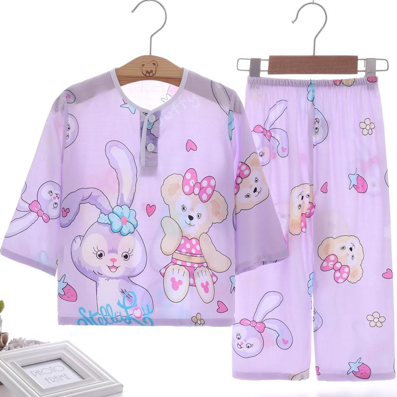 Bộ đồ ngủ cotton lụa trẻ em mùa hè Bộ đồ ngủ cotton nhân tạo bé gái bé gái mỏng quần áo máy lạnh Bộ đồ lụa cotton dài tay mùa hè