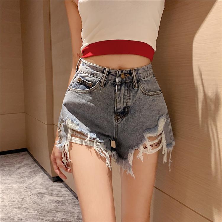 Quần áo mùa hè Người nổi tiếng trên Internet cùng phong cách kích thước lớn chất béo mm quần short denim rách eo cao của phụ nữ giảm béo cạnh thô mặc bên ngoài Quần chữ A nóng bỏng hợp thời trang