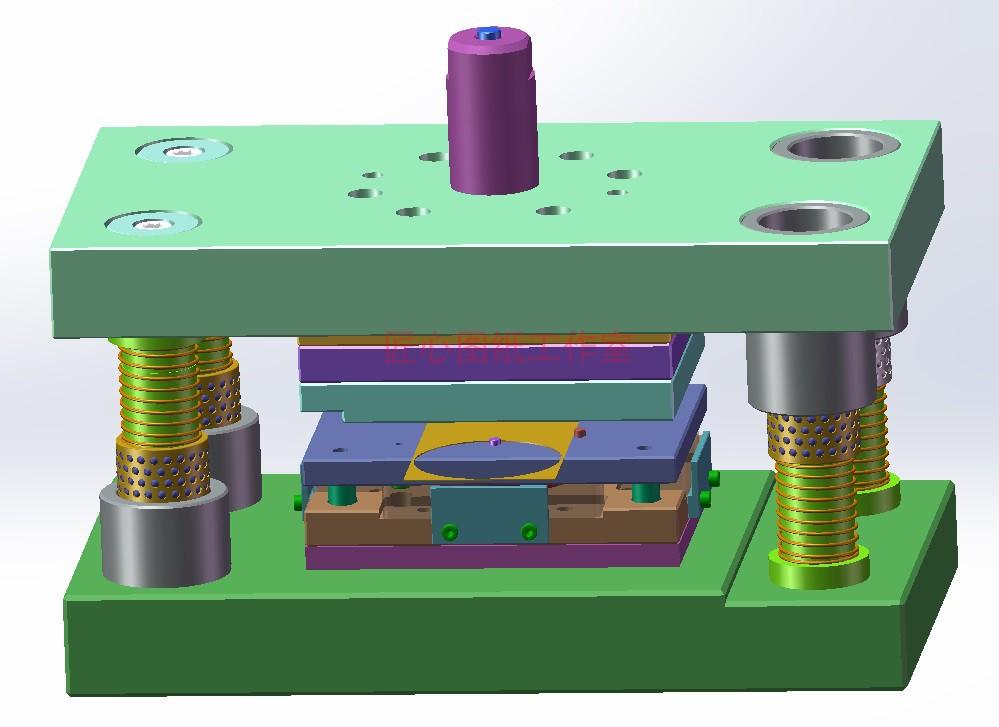 Bản vẽ 3D Mô hình 3D Bản vẽ SW của khuôn đột bao hình phức hợp với bốn trụ dẫn hướng trên và dưới