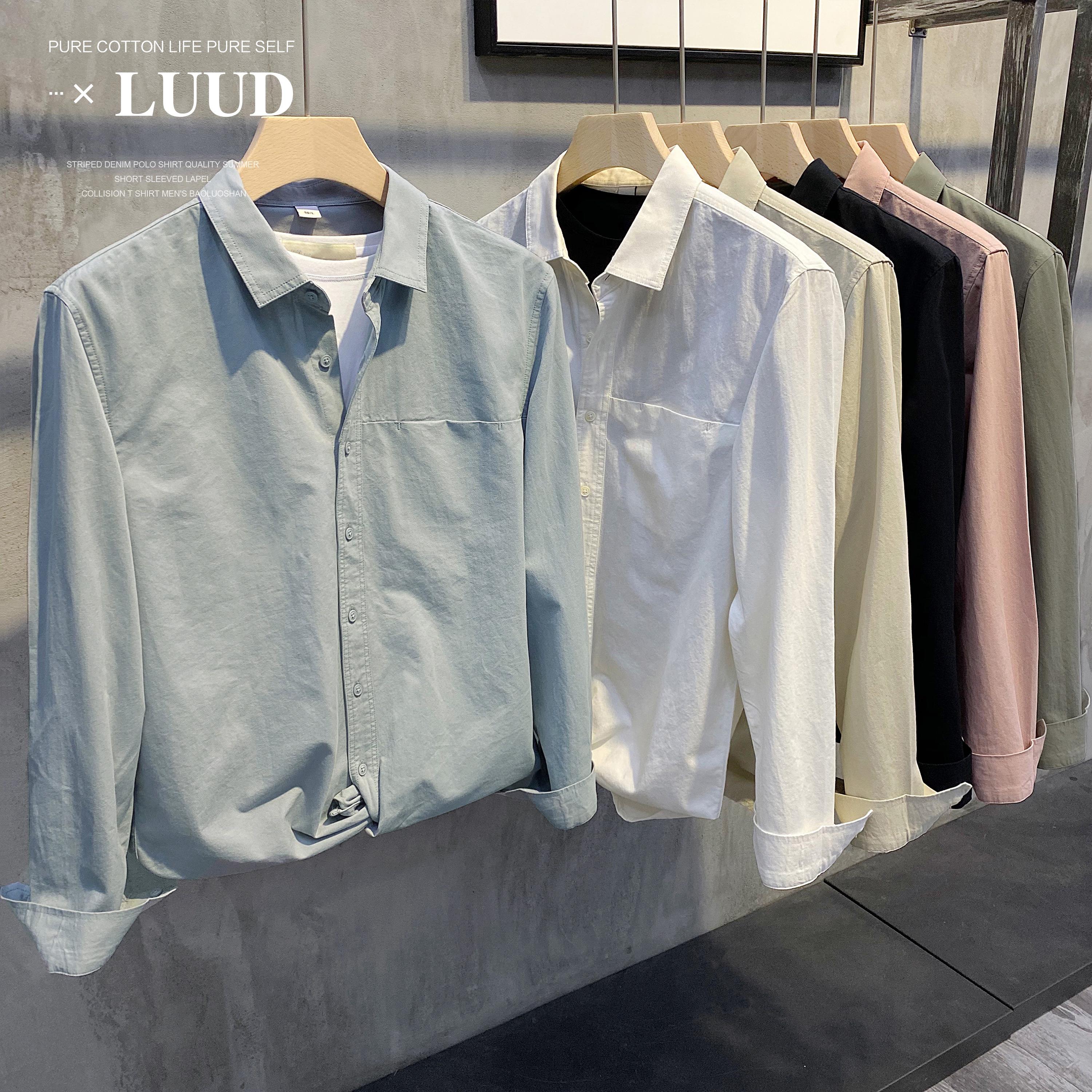 LUUD mùa xuân mới đồng màu đơn giản có ve áo sơ mi nam slim-fit áo sơ mi dài tay giản dị tất cả các trận đấu áo khoác ngoài cao cấp