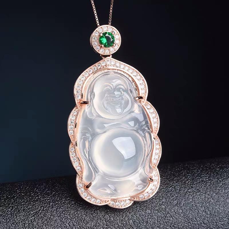 Một nhân dân tệ đã bắn để nhặt chiếc chalcedony băng cao tự nhiên bị thiếu bằng bạc S925 thời trang mặt dây chuyền Phật Di Lặc Di Lặc để gửi giấy chứng nhận