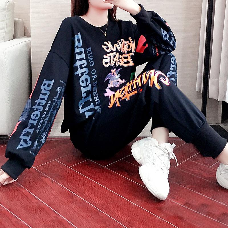 Hip -hop Sportswear Set Nữ 2022 Spring and Autumn Tide Giảm thời trang áo len lỏng lẻo, hai bộ trường học mỏng