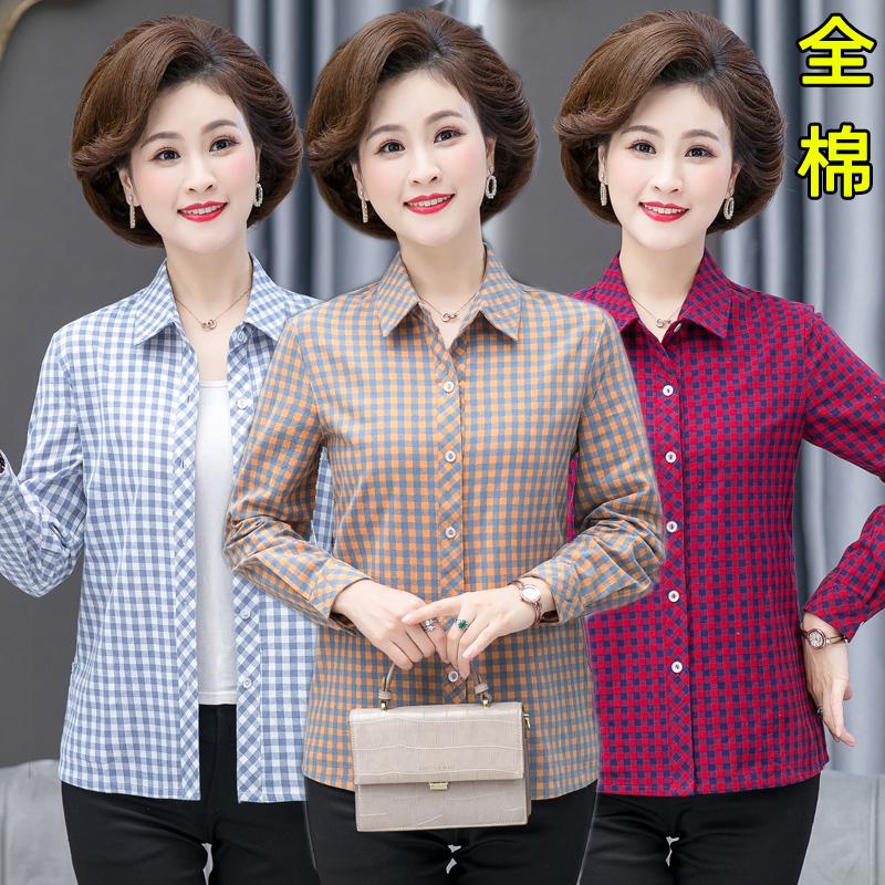 Áo sơ mi cotton nguyên chất của mẹ Áo cotton dài tay nữ cotton xuân thu Áo sơ mi kẻ sọc dáng rộng cho mẹ chồng trung niên và người lớn tuổi cỡ lớn