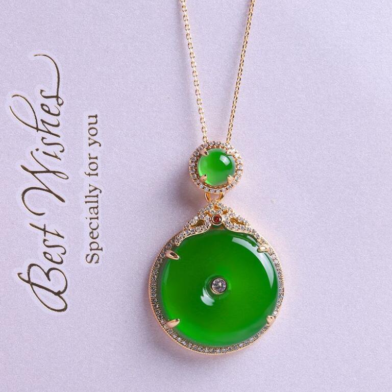 One Yuan đấu giá Burmea Emerald Green Chalcedony 925 Sterling Silver dát ping'an bẫy mặt dây chuyền màu xanh lá cây màu xanh lá cây