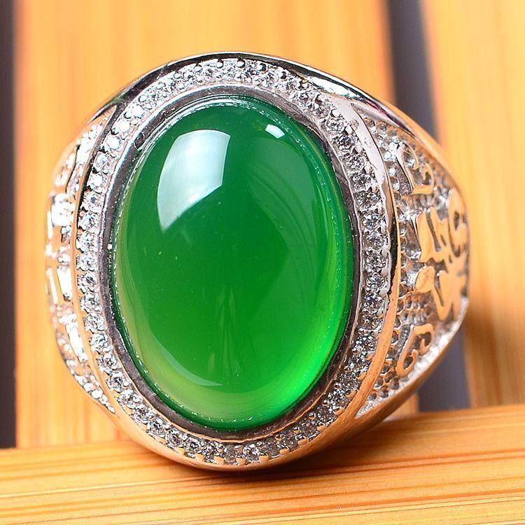 Một nhân dân tệ bắn độ trung thực S925 bạc dát chalcedony tự nhiên nhẫn nam mô hình đầy mã não xanh sống miệng có thể điều chỉnh