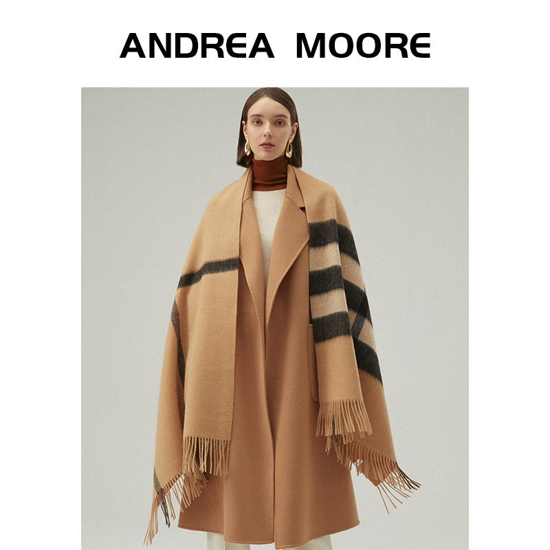 ANDREA MOORE2022 mùa thu đông cừu cashmere khăn choàng cổ dày 2 mặt cao cấp kẻ sọc cổ điển khăn len