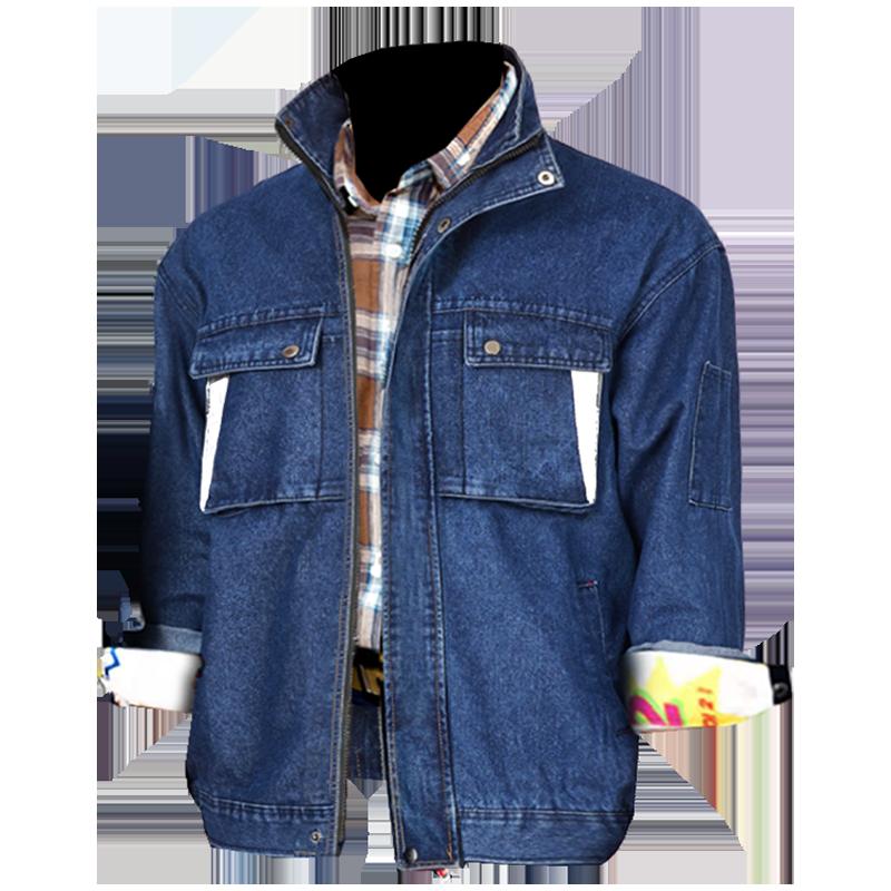 Bộ quần áo bảo hộ lao động mùa xuân thu cho nam, cotton nguyên chất, hàn, cổ đứng, denim, quần áo bảo hộ lao động chống bỏng và chống mài mòn, quần áo bảo hộ lao động thợ hàn cho nam