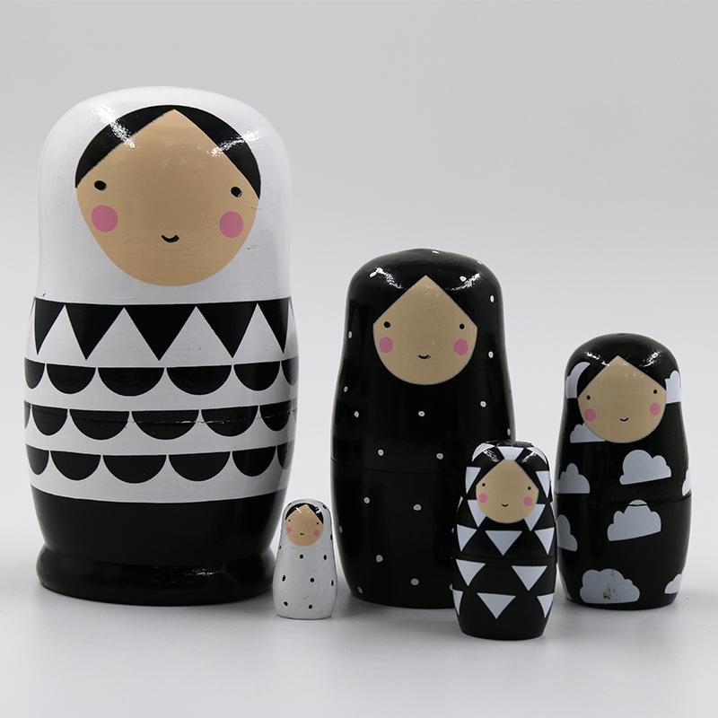 Matryoshka cô gái nhỏ 5 lớp sọc đen trắng phong cách Trung Hoa búp bê bằng gỗ chính hãng đồ chơi giáo dục trẻ em