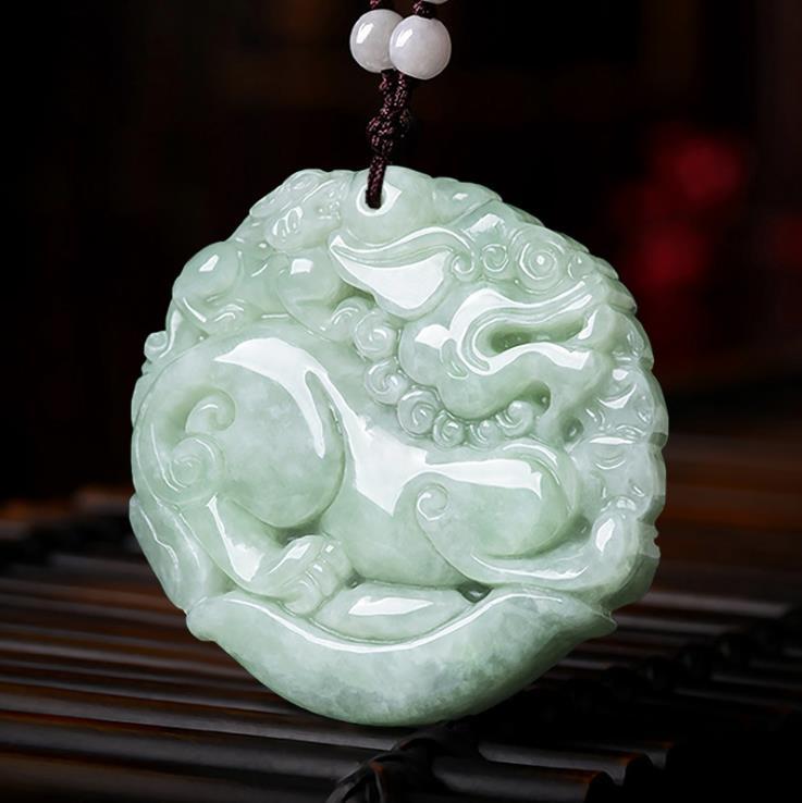 Đấu giá nhặt ngọc bích tự nhiên A hàng Jadeite Tỳ hưu may mắn hai mặt mặt dây chuyền kỳ lân nam dây chuyền đôi mặt dây chuyền nữ