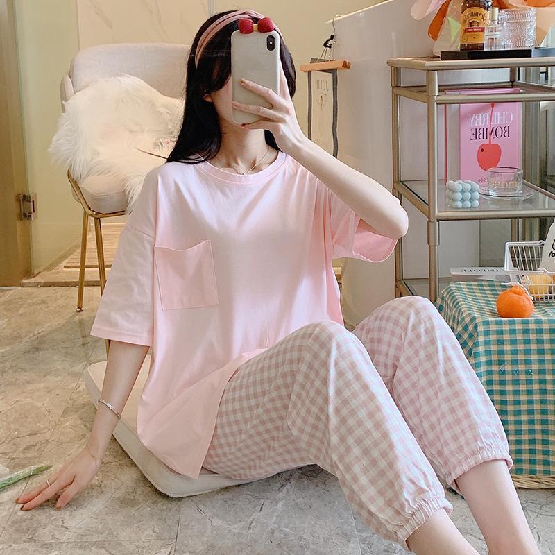 Thời trang phong cách Hàn Quốc Bộ đồ ngủ dài tay kẻ sọc cotton mùa xuân và mùa thu phong cách Nhật Bản lưới đỏ đơn giản mặc ở nhà bộ đồ hai mảnh hợp thời trang