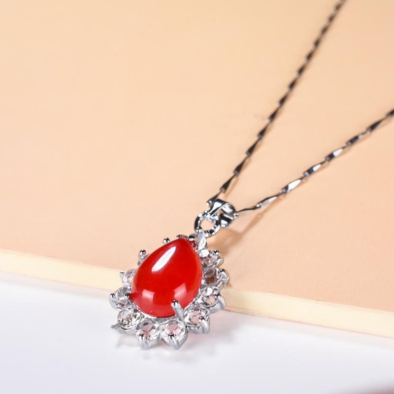 Đấu Giá Đá Chalcedony Mặt Dây Chuyền Đá Quý S925 Dát Nữ Thời Trang Hàn Quốc Giọt Nước Mã Não Đỏ Vòng Cổ Vòng Cổ Đa Năng