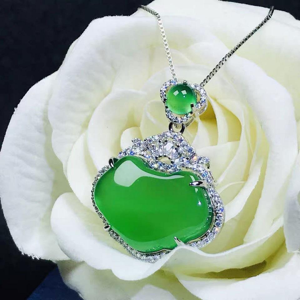 Một nhân dân tệ đấu giá chất lượng cao độ trung thực tự nhiên băng hoàng đế chrysoprase cuộc sống lâu dài mặt dây chuyền khóa nữ bạc 925 ngọc bích mặt dây chuyền