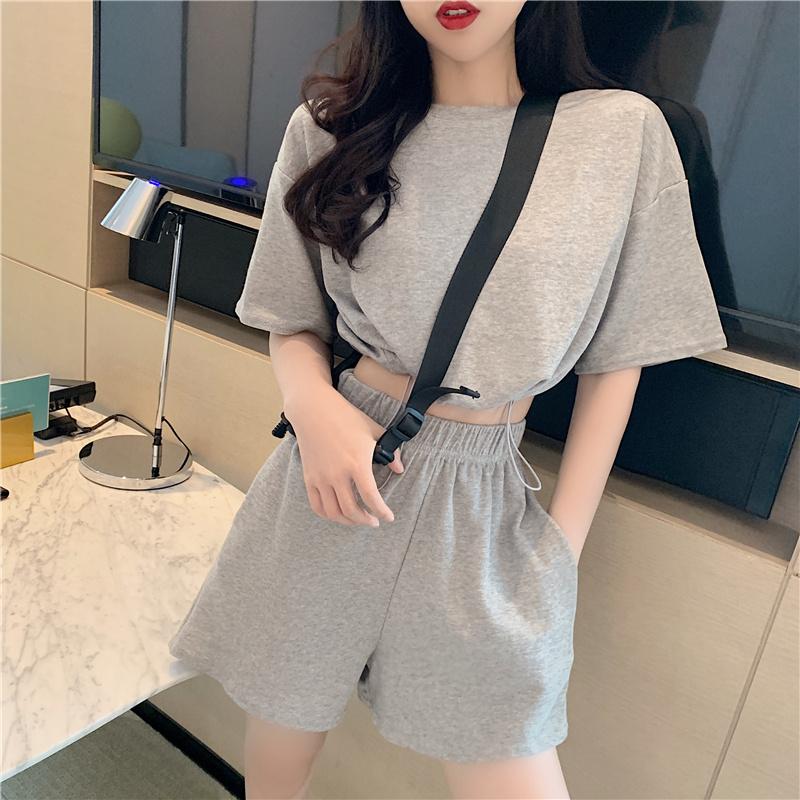 Quần Short Nữ Thời Trang Bộ Hai Món Hợp Thời Trang Rời Áo Crop Top Ống Rộng Mùa Hè Cổ Bộ Đồ Thể Thao Cổ Tròn