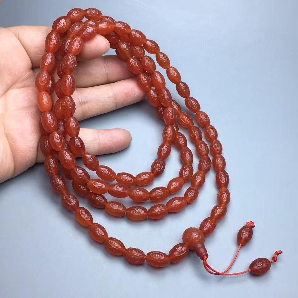 Một nhân dân tệ bắn đá mã não chalcedony bọc lụa 108 hạt gạo đỏ hoa văn trở lại hạt làm bằng tay hạt gạo tay chuỗi giáng sinh vòng cổ mân côi