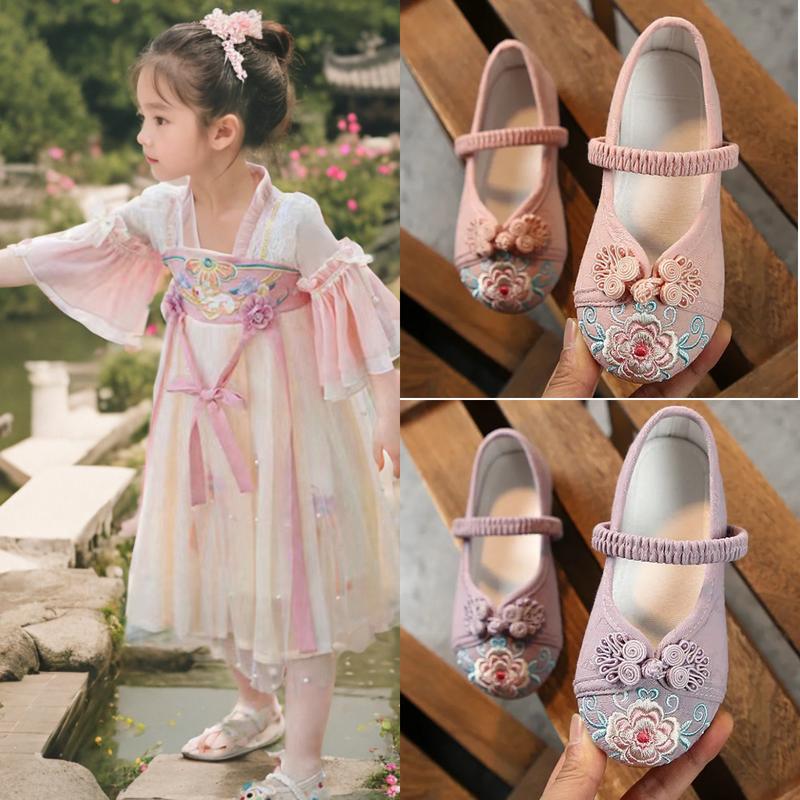 Phong Cách Quốc Gia Giày Hanfu Cho Bé Gái 2024 Trang Phục Mới Trẻ Em Giày Thêu Bắc Kinh Cũ Giày Vải Phong Cách Cổ Xưa Cho Bé Gái mùa Hè