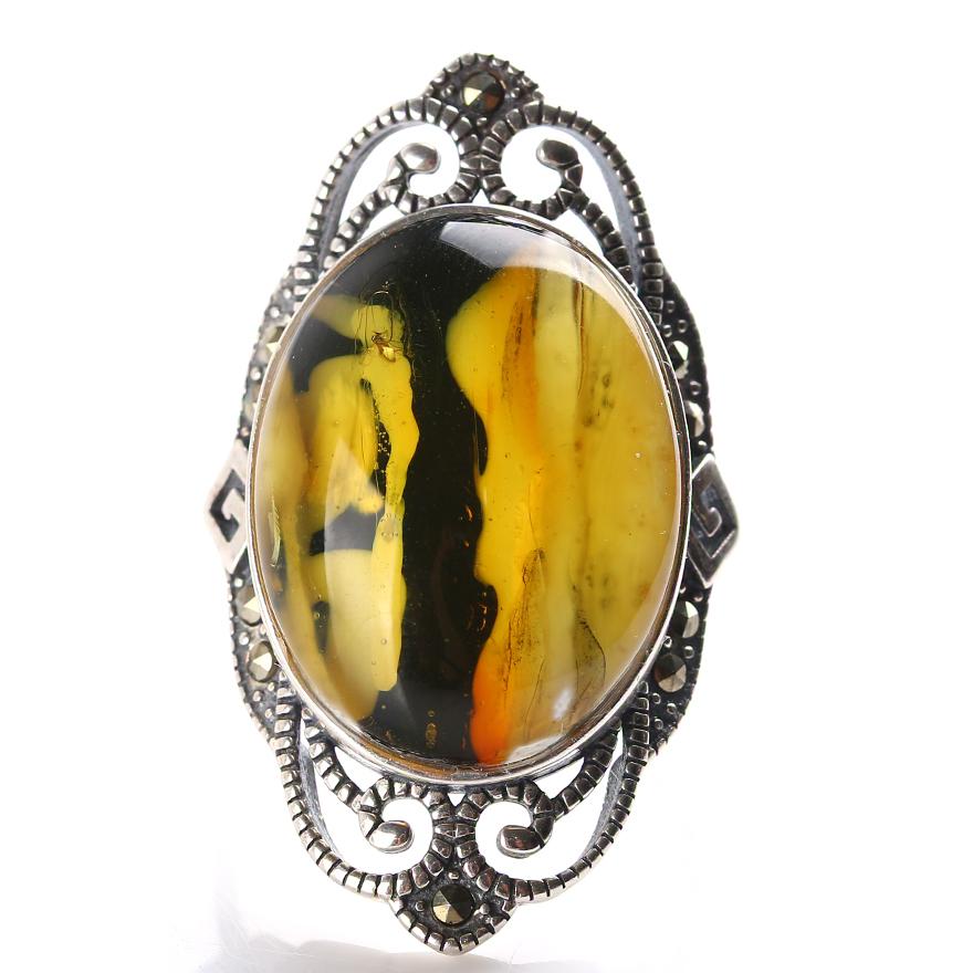 [Worm Paler] 925 Sterling Silver dát nhúng Amber Côn trùng cổ đại Ring 5,30 gram