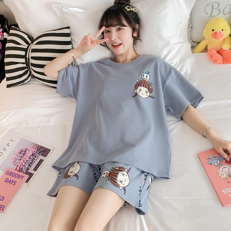 Bộ đồ ngủ ngắn tay ngọt ngào cho nữ mùa hè rộng rãi quần đùi học sinh cotton nguyên chất thường ngày mặc ở nhà nhỏ tươi bộ đồ hai mảnh hợp thời trang