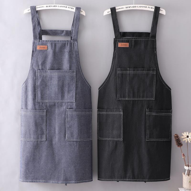 Tạp dề denim thoáng khí chống bẩn và chống bẩn túi em bé không tay áo liền quần nữ tạp dề Nhật Bản cao cấp logo tùy chỉnh nam