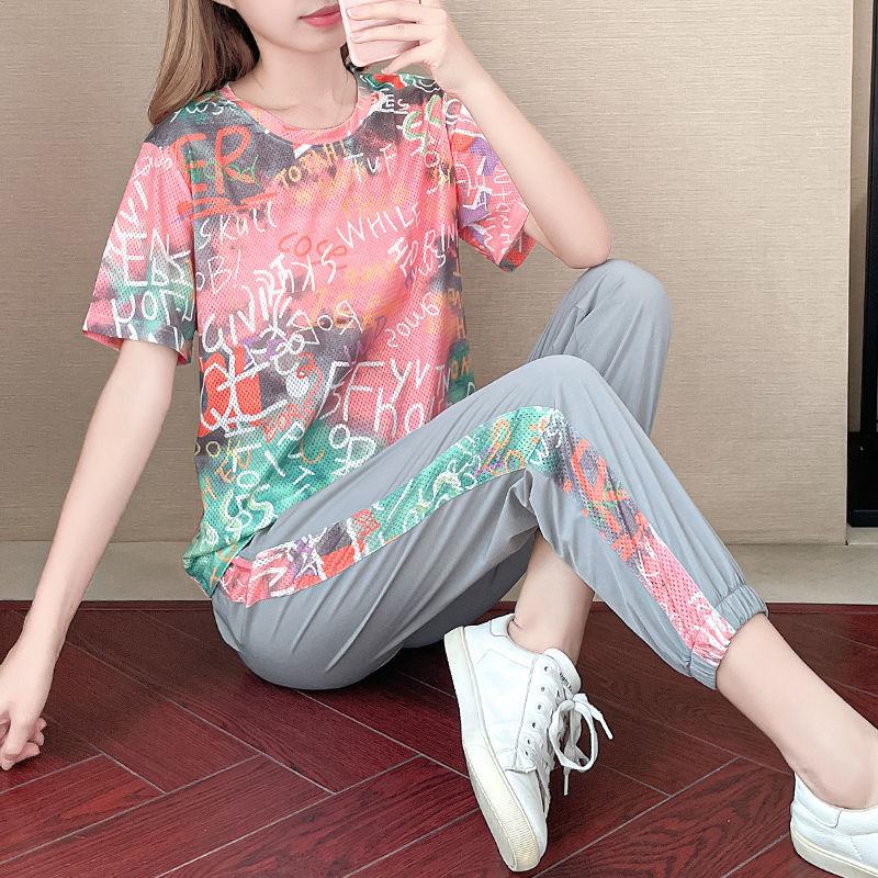 Mùa hè chạy hai bộ 2022 New Girl T -Shirt Short -Sleeved Loose Fashion Sportsar Suit Suit