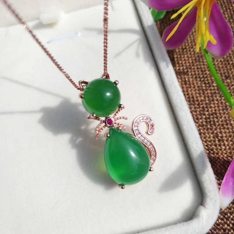 Một nhân dân tệ đấu giá đá tự nhiên chalcedony khảm bạc 925 mặt dây chuyền mèo con vòng cổ nữ xanh trắng chalcedony mèo ngọc bích mặt dây chuyền