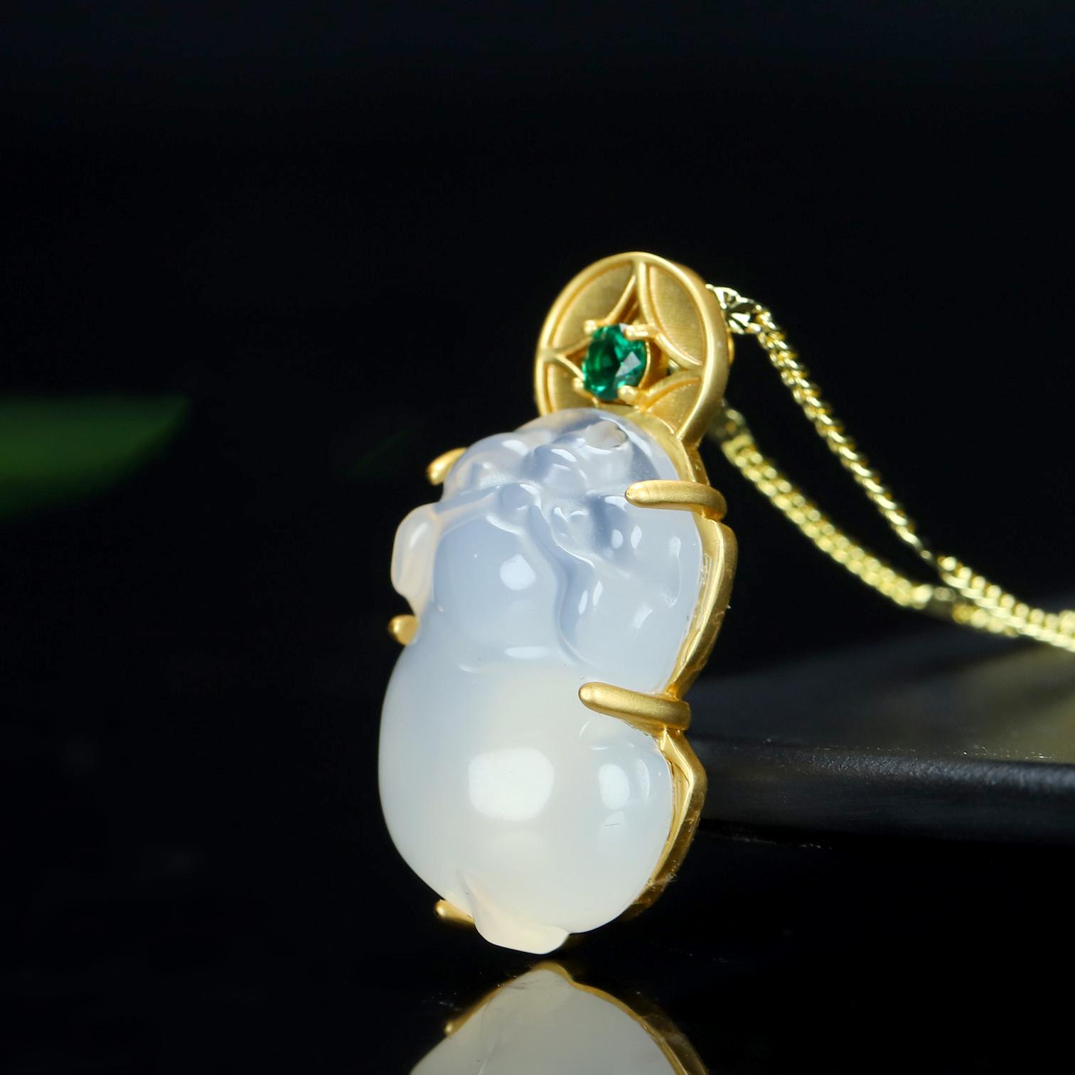 Ali Đấu Giá Cát Dát Vàng Đá Chalcedony Trắng Pixiu Mặt Dây Chuyền Thời Trang Nữ Ngọc Mặt Dây Chuyền Vòng Cổ Miễn Phí Giấy Chứng Nhận 11