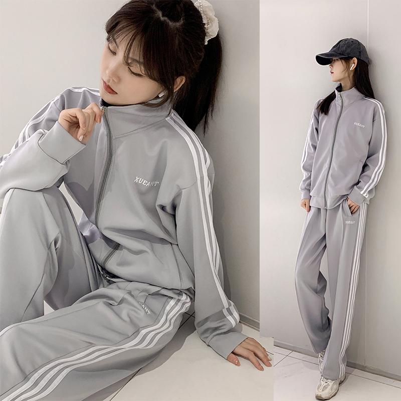 Meetu Guochao Sports Loose Suit Class Service Cặp đôi Dây kéo hai mảnh Áo khoác thanh kéo Lưng thun Quần ống đứng