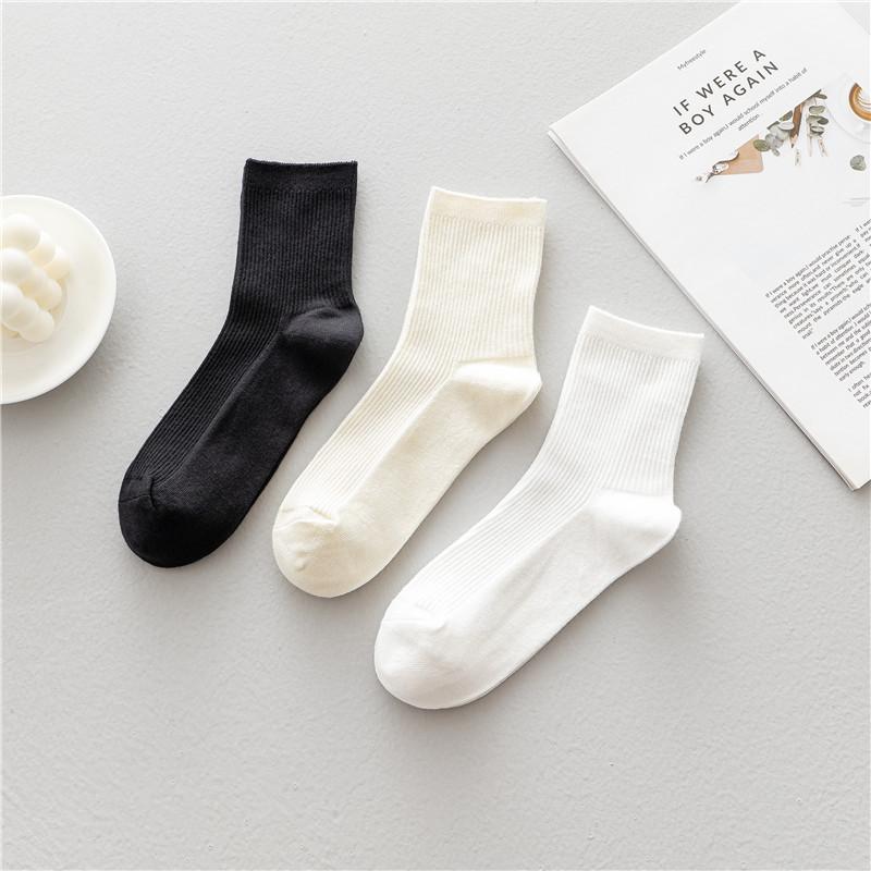 Yaoyao Mẹ đơn giản đen trắng nam nữ mùa xuân giữa ống cotton màu trơn thể thao sọc dọc học sinh hợp thời trang dành cho nữ