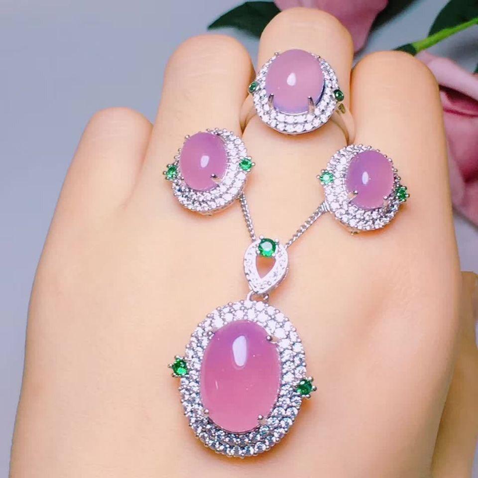 Một nhân viên Yuan Shot để nhặt loại bột băng tự nhiên Chalcedony Set Women S925 Silver Bạc Bạc Bông tai