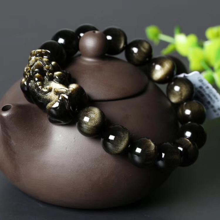 Boutique Đấu Giá Vàng Obsidian Tự Nhiên Obsidian Trung Thực Nam May Mắn Tỳ Hưu Vòng Tay Ngọc Quà Tặng