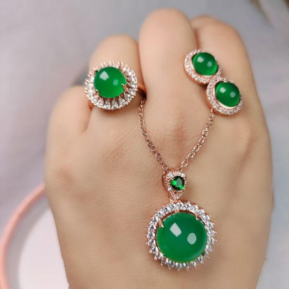 Một nhân dân tệ nhặt hạt đá tự nhiên mặt trời xanh chalcedony vòng cổ nữ khảm bạc 925 mặt dây chuyền ngọc bích bông tai bộ nhẫn miễn phí vận chuyển