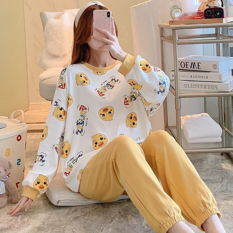 Phiên bản Hàn Quốc của bộ đồ ngủ hai mảnh dài tay mùa xuân và mùa thu cotton nguyên chất cho nữ phần mỏng lỏng lẻo thường phục vụ sinh viên tại nhà phù hợp với kích thước lớn