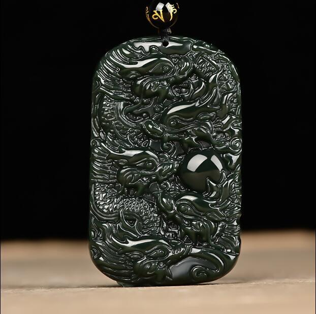 Boutique Auction Tân Cương Hetian Jade Kowloon Jade Brand Mặt dây chuyền Black Green Jade Mặt dây chuyền bằng ngọc bích hai mặt Mặt dây chuyền bằng ngọc bích cho nam