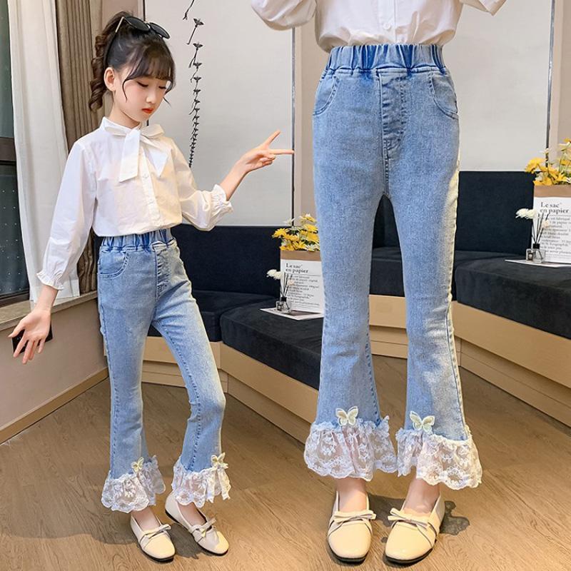 Quần jeans bé gái mềm mại phong cách phương Tây bé gái xuân hè quần bé co giãn quần ống loe lưng cao 45 đa năng mùa thu